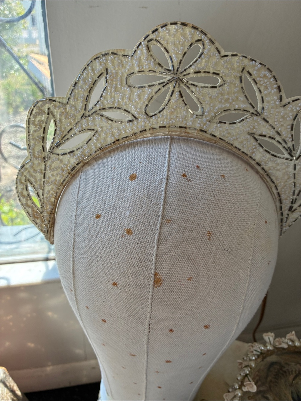 Antique Ivory Beaded Floral Tiara Headband/Silk Veil